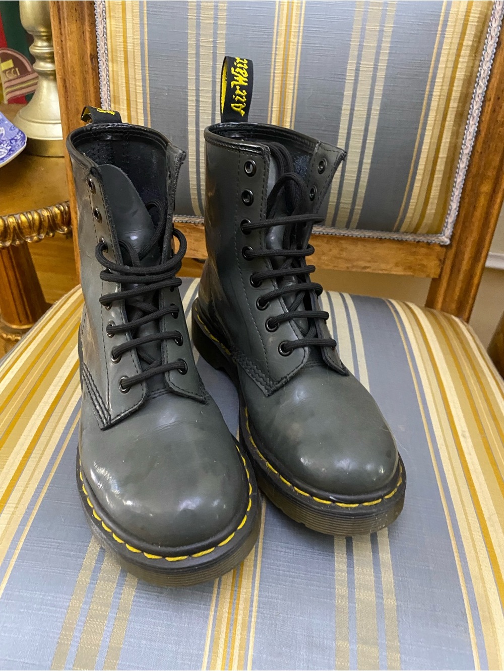 Dr. Martens Grey Leather Combat Boots with Yellow Stitching